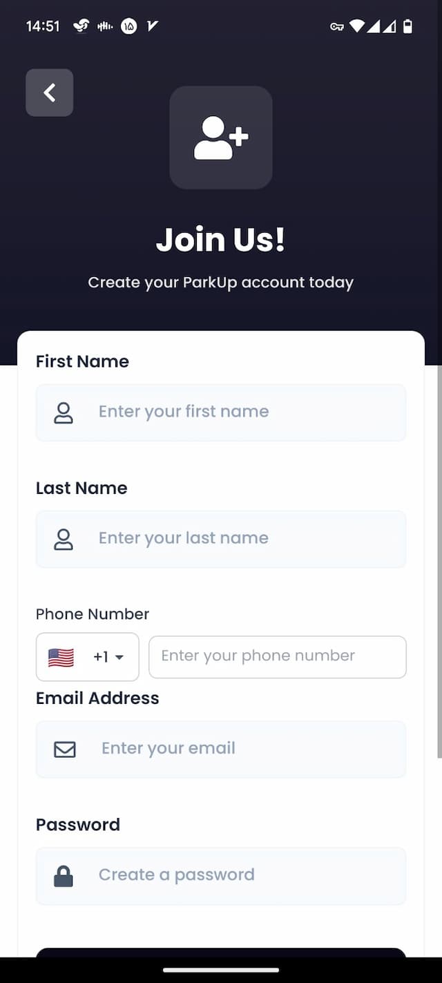ParkUp Signup Screen